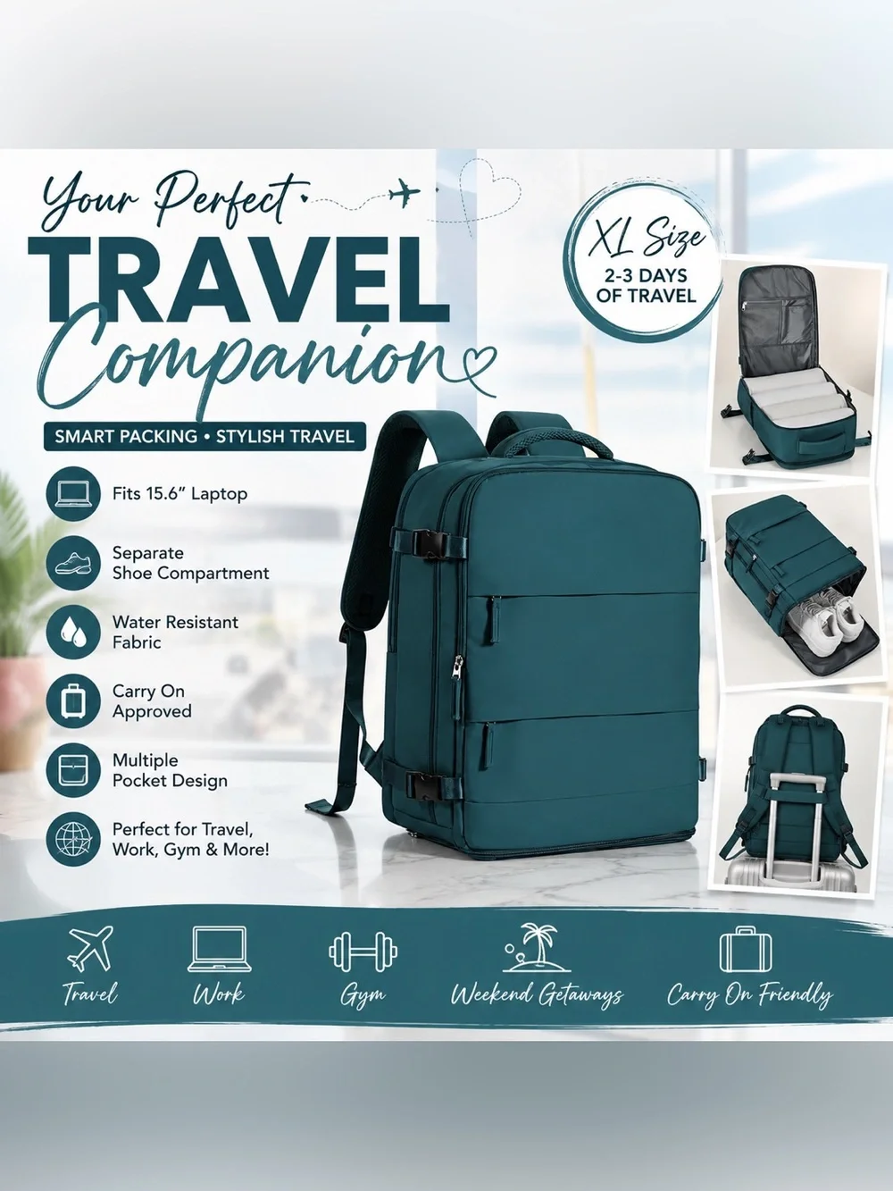 Teal XL Carry On Travel Backpack 15.6” Laptop Shoe Compartment